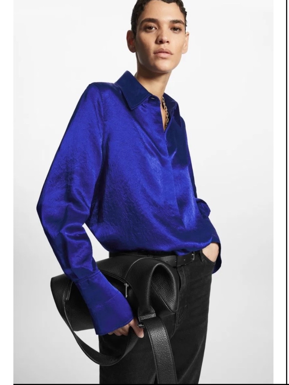 COS Oversized Cobalt Blue Textured Satin Shirt Blouse 100% Naia Acetate size 8